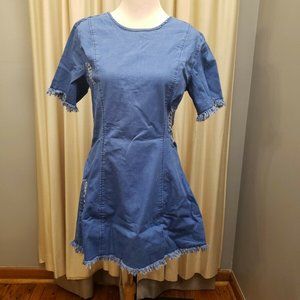 vanberfia Women's Elegant Back Zipper Denim Dress Stretch Distressed Blue Large